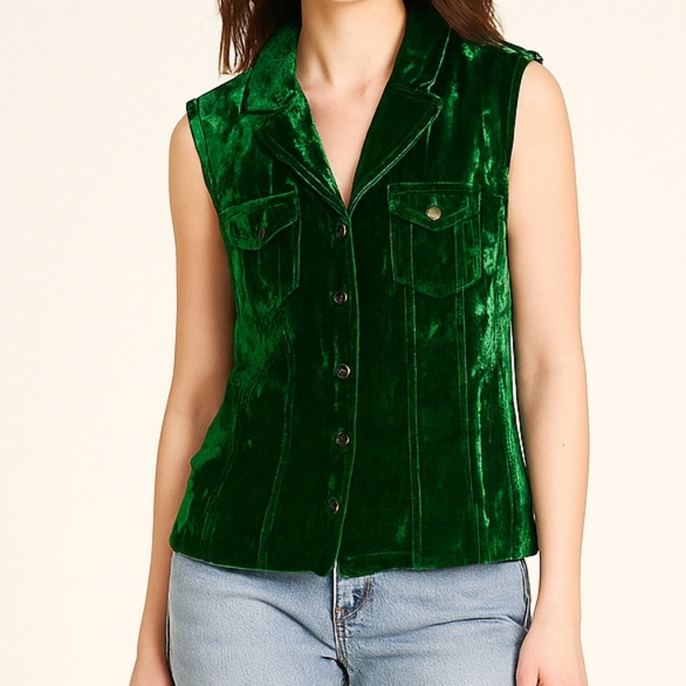 Crush Velvet Green Y2k Sleeveless Button Down GAP Blouse Christmas Pockets